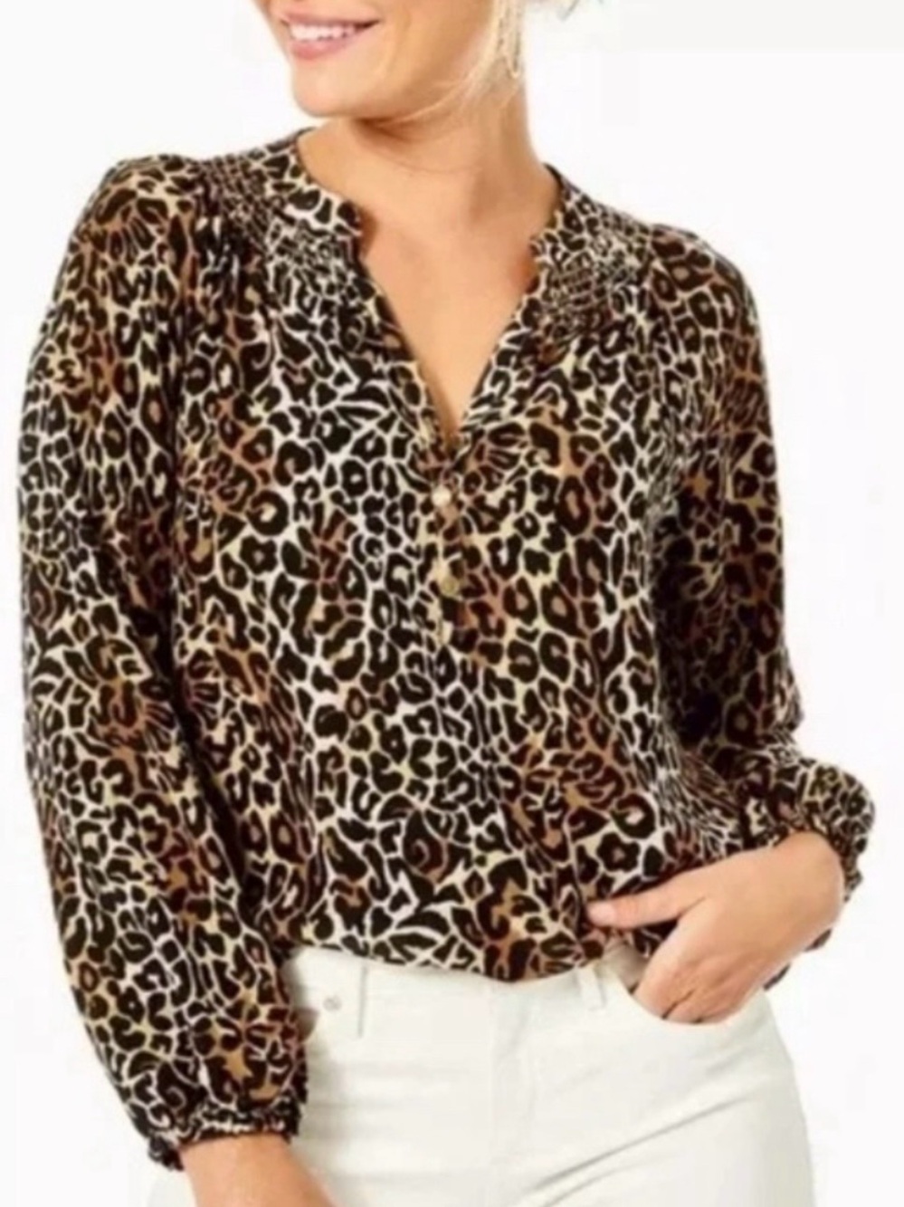 Lilly Pulitzer Animal Print V-Neck Blouse in Brown, Black & Cream